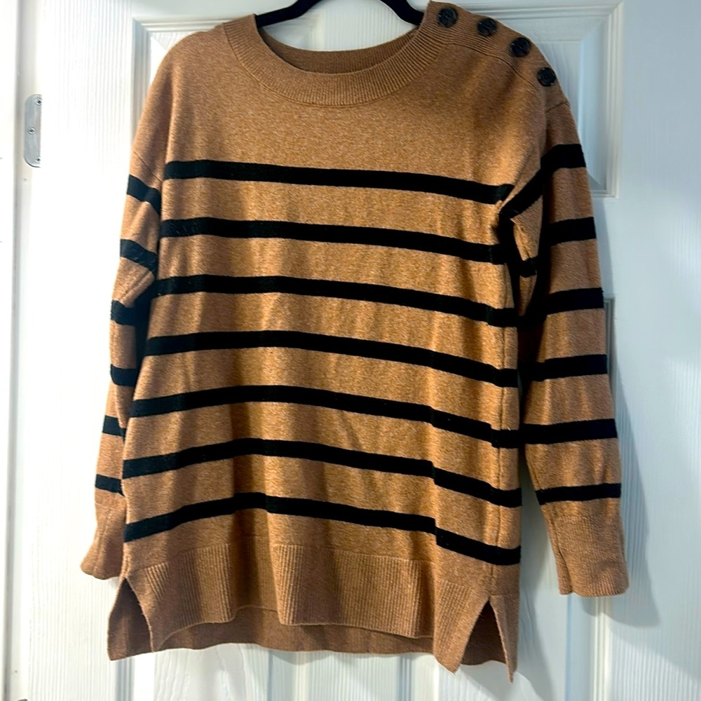 LOFT Brown and Black Crew Neck Sweater with Stripes
